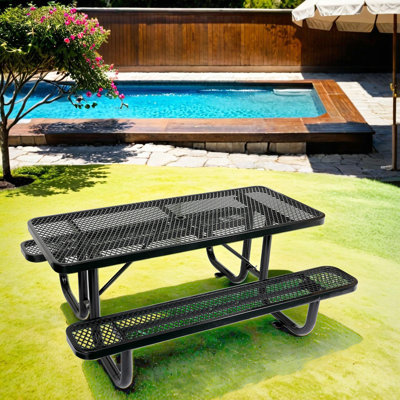 6 pi Table de pique-nique rectangulaire noire - structure en acier, espace de divertissement extérieur en acier, facile à nettoyer, pour les repas