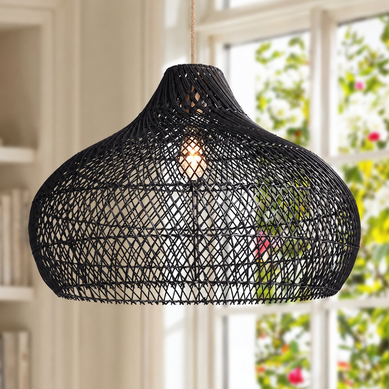 Latigo Rattan Pendant Light - 28" Black Dome Handwoven Adjustable Light Fixture For Kitchen Island or Dining Room in Modern and Farmhouse Style