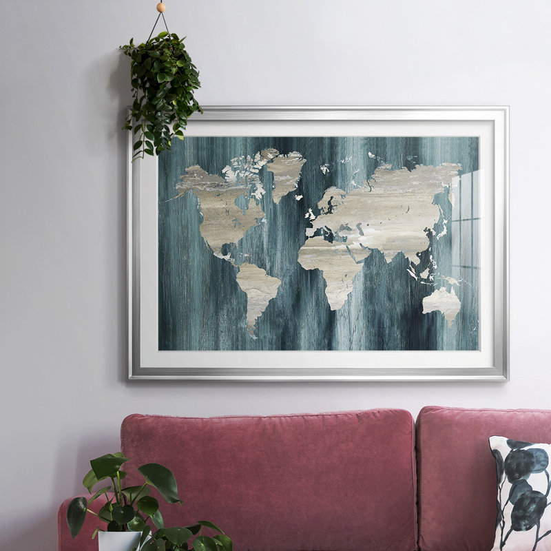 Carte du monde marine, Argent, H 27 po x l 39 po x P 1,5 po