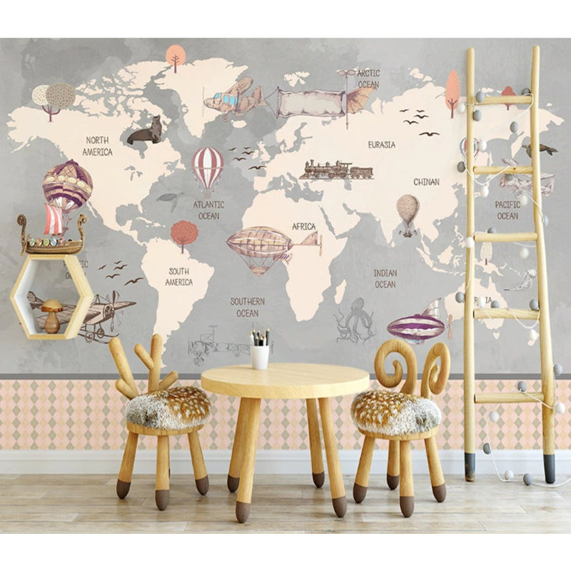 Papier peint amovible gris avec carte du monde moderne, L 98,04 po x l 150 po