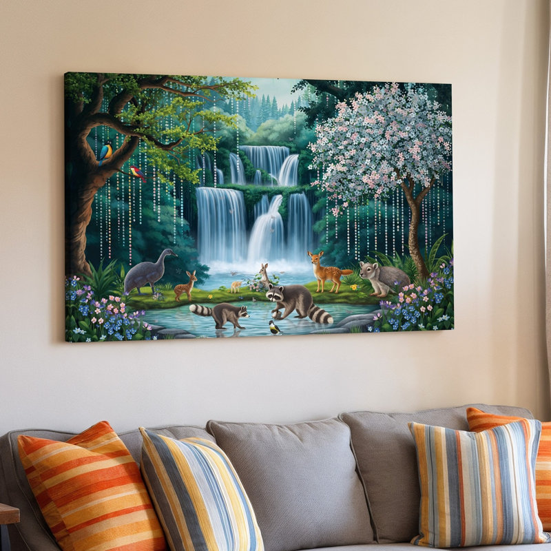 Toile «A Serene Enchanting Forest Scene mettant en vedette une cascade d'eau encadrée» par Lush Greenery and Vibrant Flowers