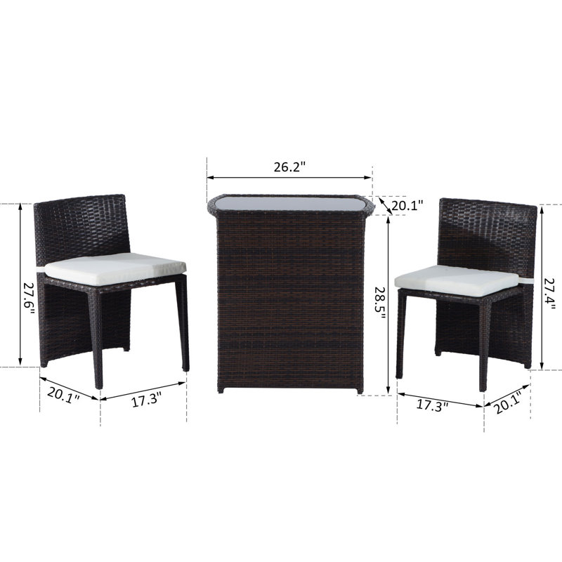 Huron 3pcs Wicker Rattan Bistro Set Patio Chair and Table Set w/ Cushion Outdoor