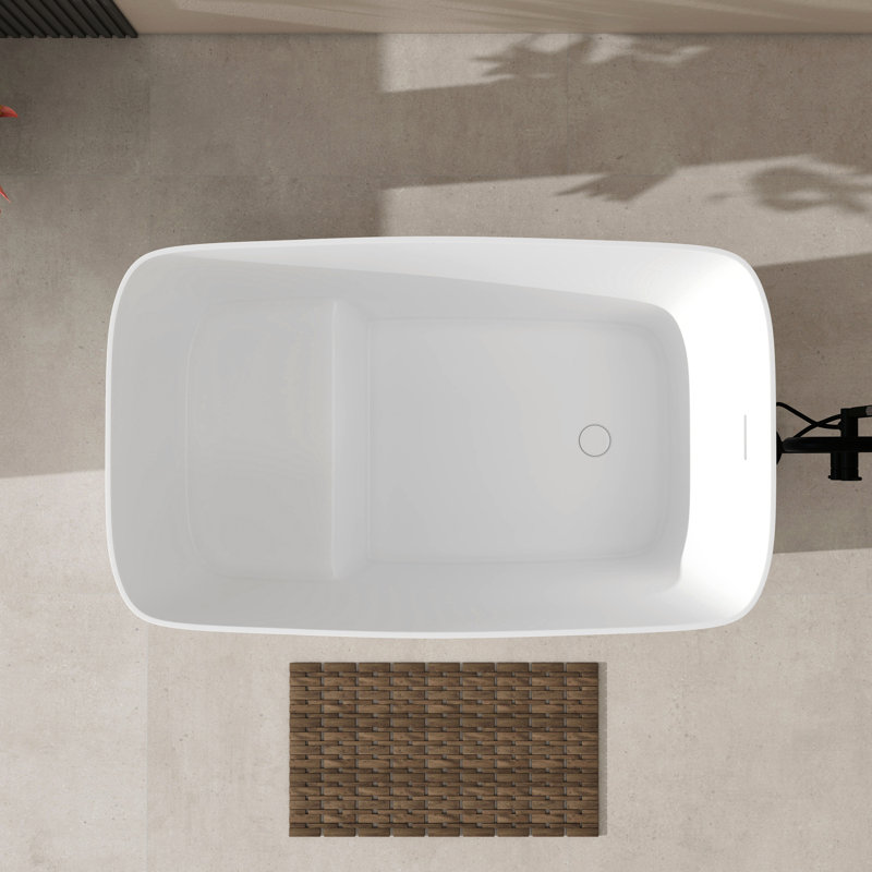 47"  Freestanding Solid Surface Soaking Bathtub  with Seat in White,Rectangle Shape Soaking Tub With Overflow