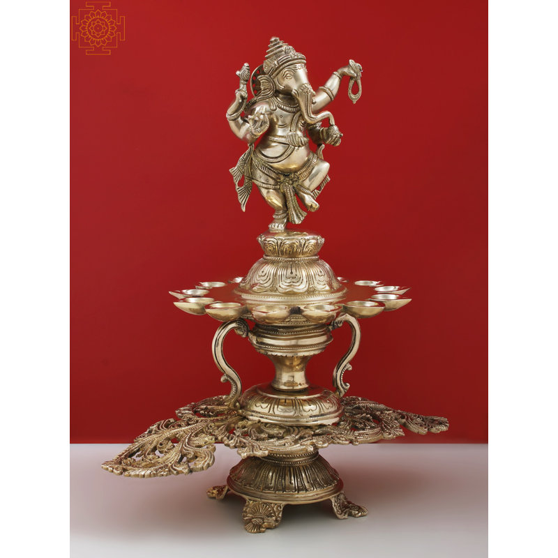 Statue de seigneur dansant en laiton 15 po Ganesha avec 12 mèches Diya
