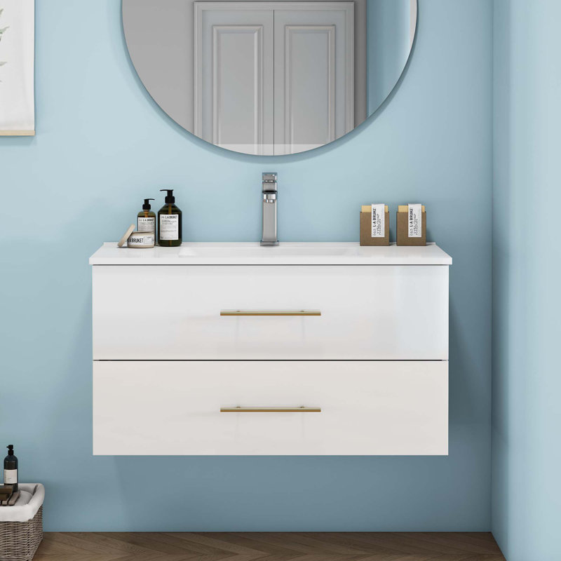 Gloss Wall-Mounted Bathroom Vanity With Mirro, 40", Glossy White, Gold