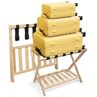 Folding Bamboo Luggage Rack with Storage Shelf, Fully Assembled Double Tier Suitcase Stand, Holds up to 150 Lbs for Bedroom Hotel Guest Room