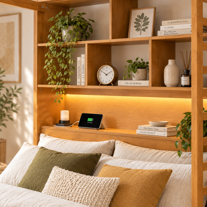 Lit plateforme Cubivelle en bois avec baldaquin, tête de lit bibliothèque, ports de chargement USB, éclairage DEL RVB intelligent contrôlé par application, 6 compartiments de rangement sous le lit et grand tiroir.