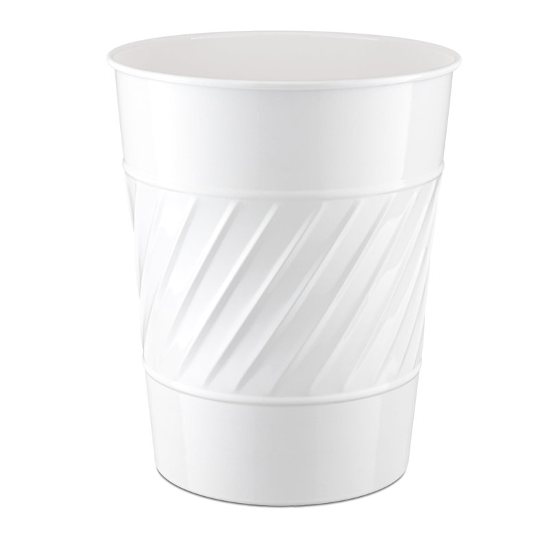 Small Metal Trash Can, Waste Basket with Wave Embossed Design (White)