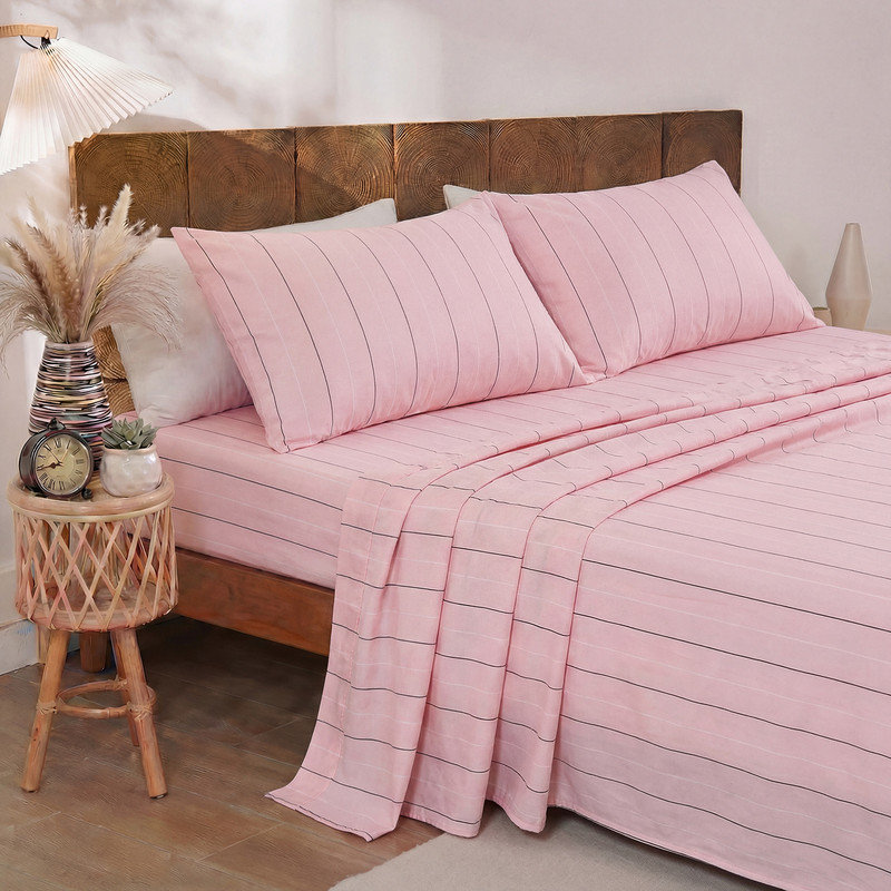 Pink Pinstripe Sheet Set Full Size - 100% Cotton Striped Bedding 4 Pieces, Soft Breathable Percale Weave, 17.5” Deep Pocket, Luxury Linen Like, All Season Comfort