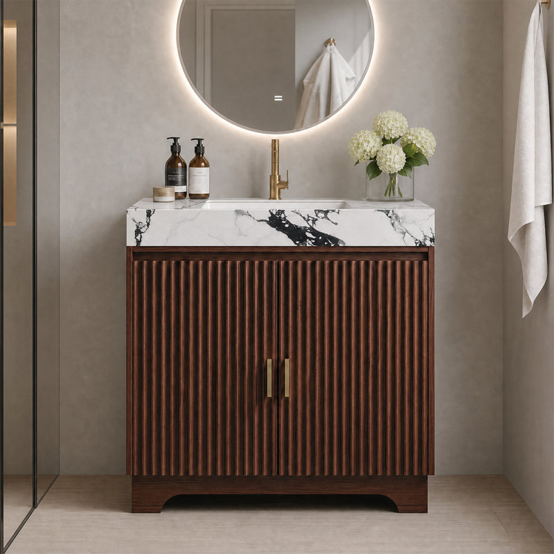 Meuble-lavabo autoportant de 30 po avec plateau en pierre frittée et lavabo en céramique, meuble-lavabo moderne avec portes cannelées verticales et poignées dorées