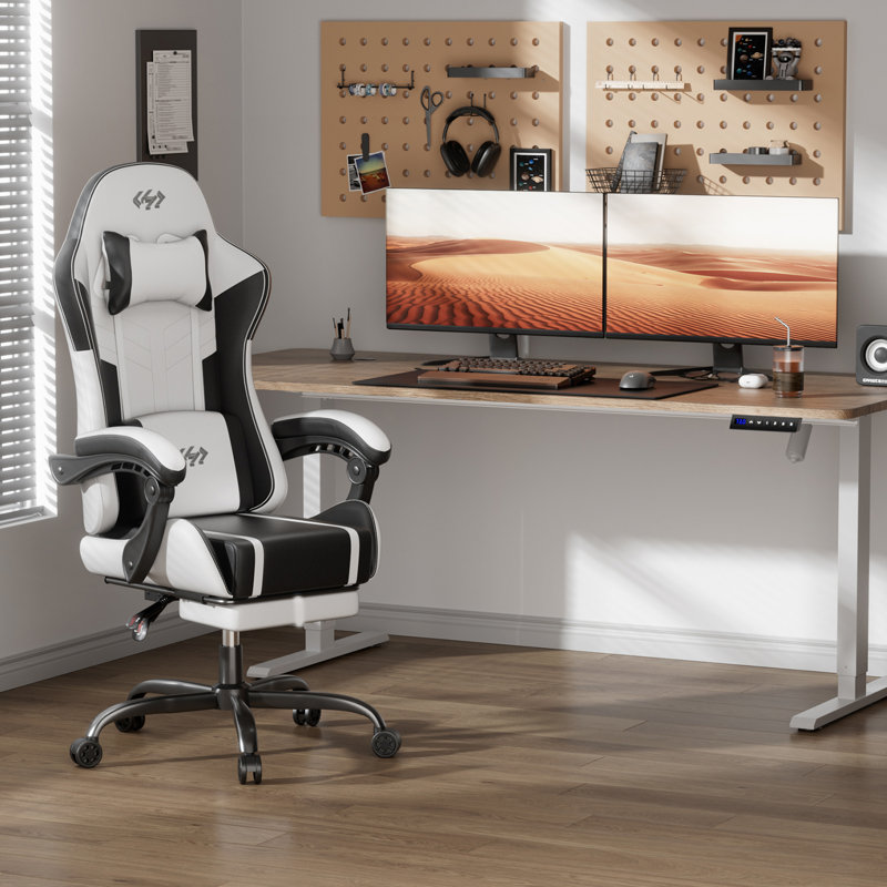 Metro Lane Adjustable Reclining Ergonomic Faux Leather Swiveling PC & Racing Game Chair with Footrest, White/Black