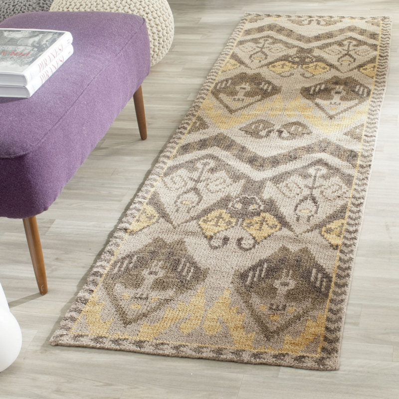 Nesika Hand Knotted Wool/Cotton Ikat Rug in Brown/Gold/Beige, Runner 2'3" x 8'