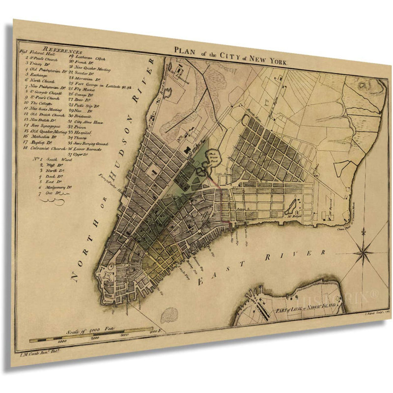 «1789 Plan of New York City Map», art mural sur papier, H 16 po x l 24 po x P 0,1 po