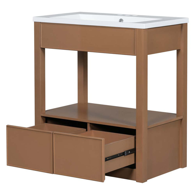 Meuble-lavabo 30 po avec comptoir d'évier, armoire avec tablette de rangement ouverte et deux tiroirs, brun