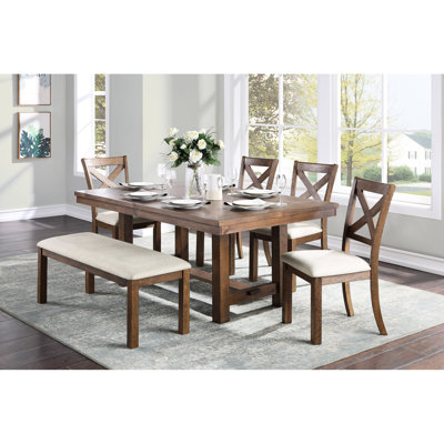 6 repas rectangulaires à finition brune avec banc et 4 chaises d'appoint, sièges rembourrés beiges, mobilier de cuisine de style transitionnel en placage de bois d'ingénierie 6 pièces: table, pour pièce
