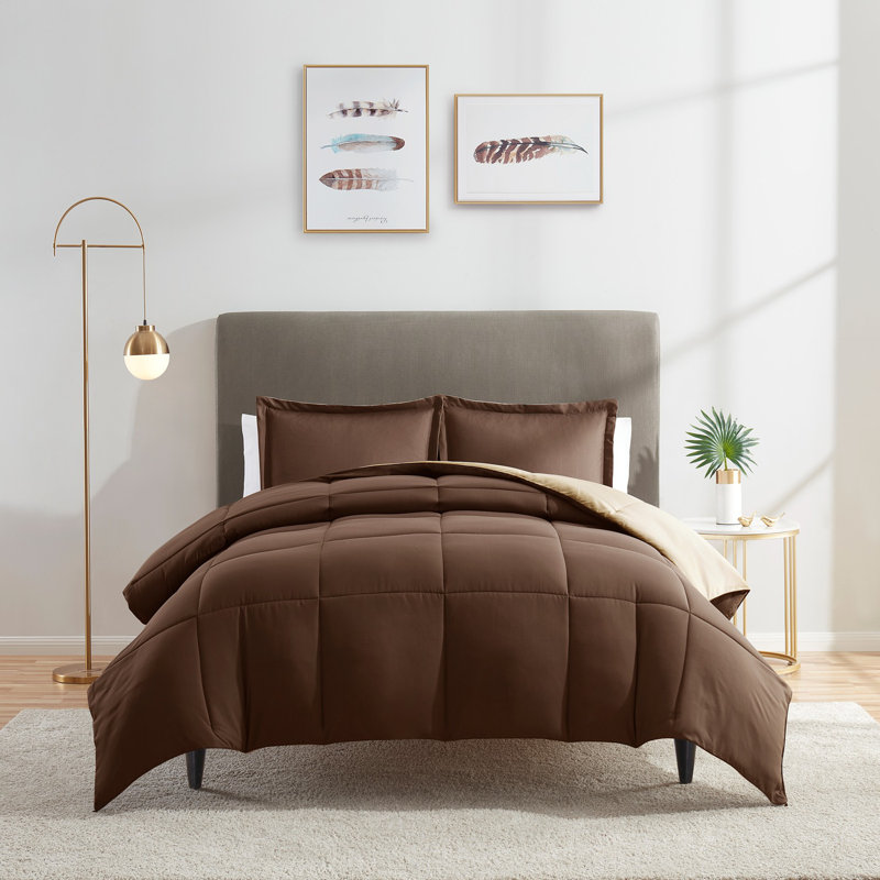 All Season Down Alternative Reversible Comforter Set, Cream/Brown, King Comforter + 2 King Shams