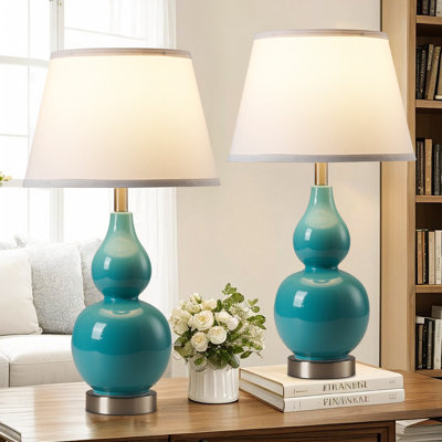 Amebury 25.79" Teal Gourd Ceramic Table Lamp With USB Ports And Bulb Included for Bedroom or Living Room 