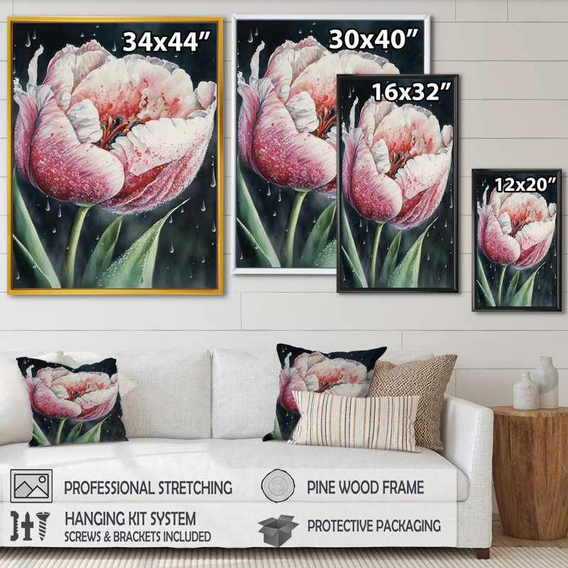«Blooming Tulip Flowers Watercolor I», impression sur toile, Cadre flottant noir, H 20 po x l 12 po x P 1 po