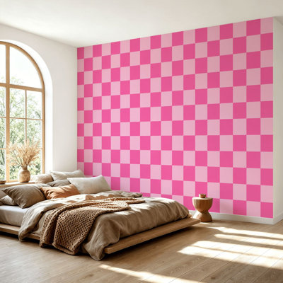Papier peint adhésif autocollant amovible à motif géométrique en forme de damier rose et blanc à motif géométrique pour salle de séjour H 69 po x l 96 po
