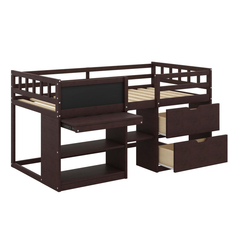 Low Loft Bed With Rolling Desk, Shelf And Drawers, Espresso