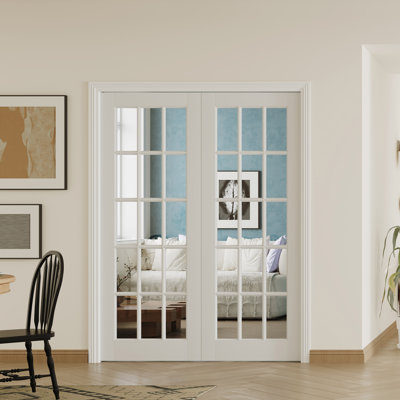 15 portes doubles intérieures en verre transparent Lite - Dalles de porte en panneau de fibres à densité moyenne pré-montées avec cadre de porte double réglable et quincaillerie (porte et cadre livrés séparément)