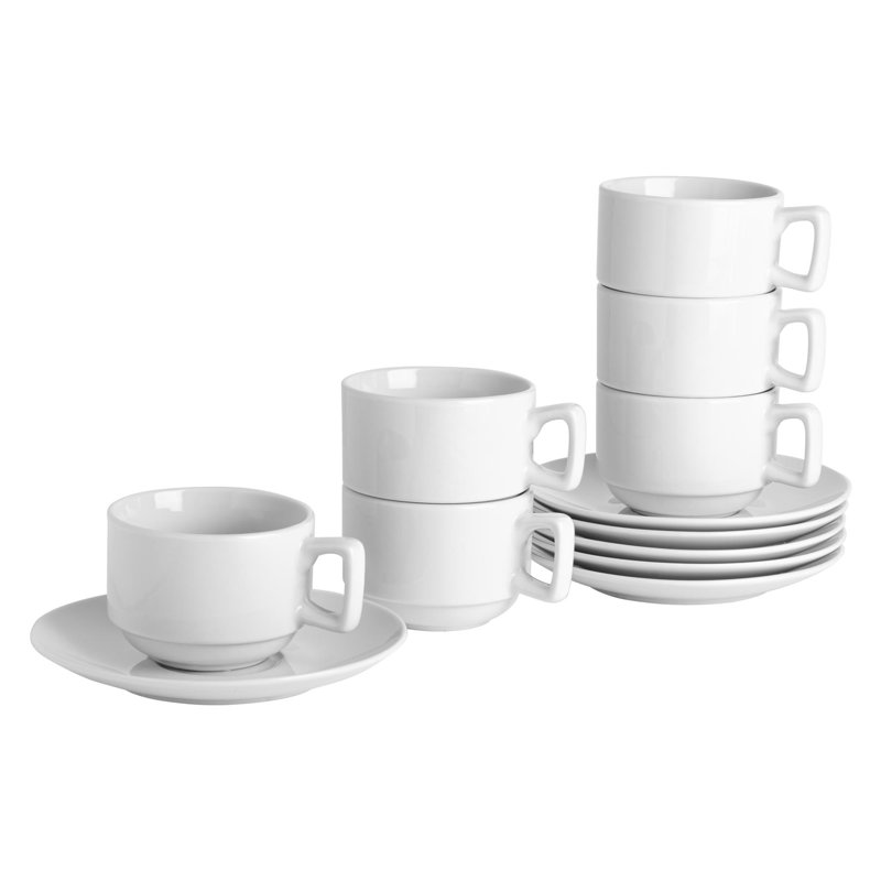 Argon Tableware - Classic White Stacking Teacup & Saucer Set - 200ml - White, Set of 12