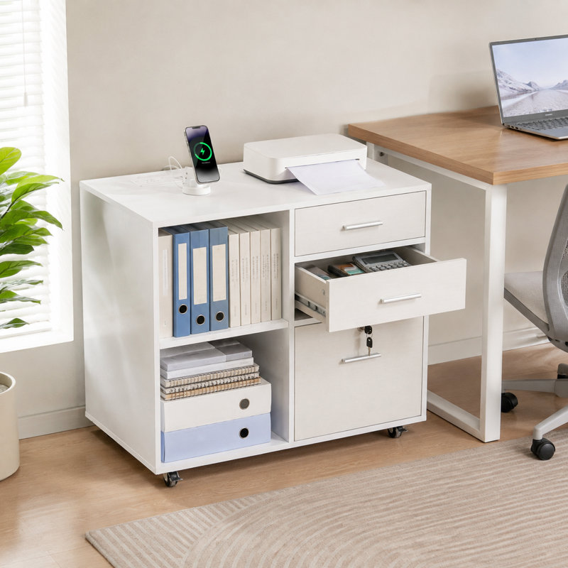 Classeur mobile en bois à 3 tiroirs, classeur à roulettes sous bureau avec bande lumineuse DEL, blanc pour bureau à domicile
