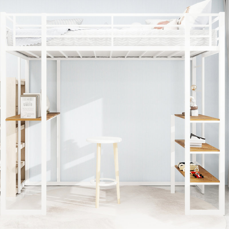 Twin Size, White Iron Bed, Railing, Stairs On Both Sides, Functional, Bedroom, Table Top, Long Service Iron Frame Bed With Built - In Table And Stable Safe For Double Supported Legs, Space Saving