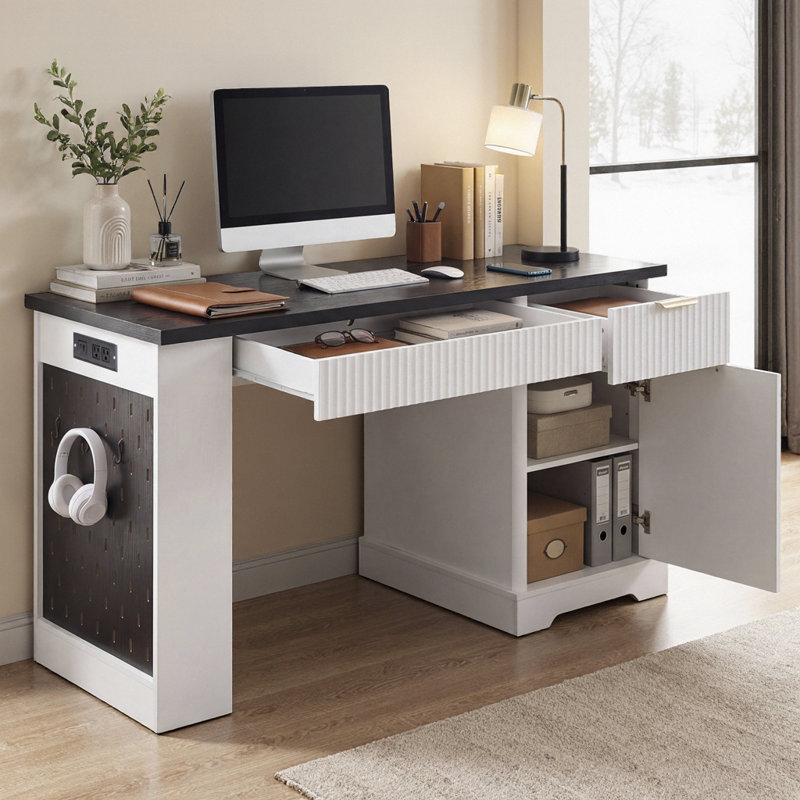 55" Modern Fluted Office Desk with Power Outlet & Pegboard, Computer Desk with Adjustable Shelf Cabinet, Drawer, and Keyboard Tray, Built-in Storage for Home Office and Study