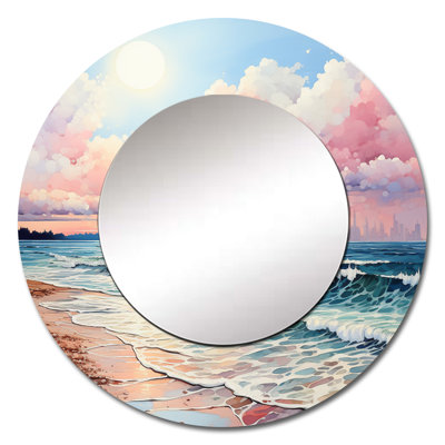Pink Beach Breezes - Beach Sand Unique Wall Mirror, Pink Round Mirror, Printed Metal Art