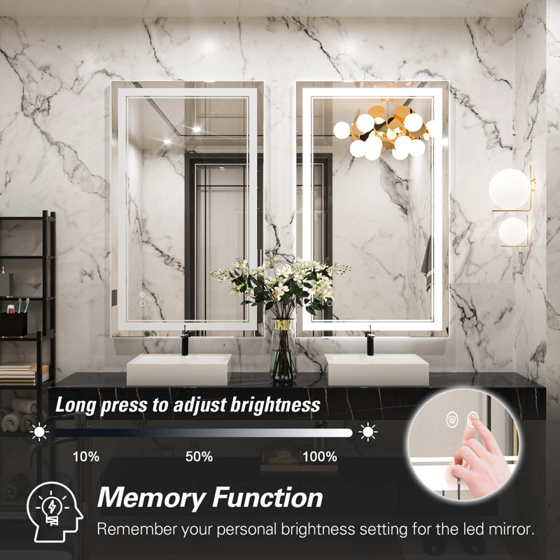 Adorna Frameless LED Lighted Bathroom / Vanity Mirror with Brightness Adjustable, Memory Function, Anti-fog, 24"  x 40" 