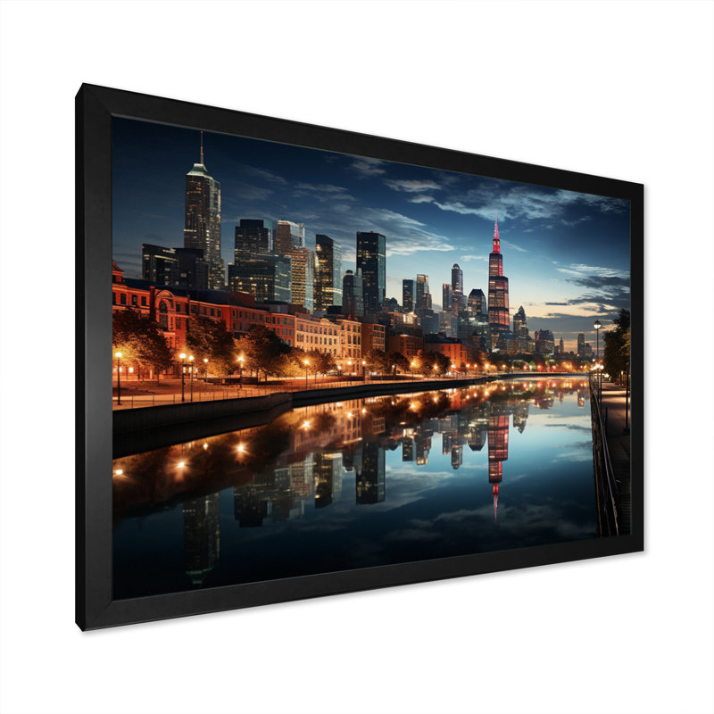«Chicago Cityscape By Night I», reproduction sur toile, H 30 po x l 40 po x P 1,5 po, Cadre simple noir