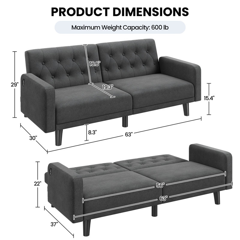 63“ Convertible Futon Sofa Bed Upholstered Square Arm Loveseat with USB Ports, Dark Gray, Dark Gray