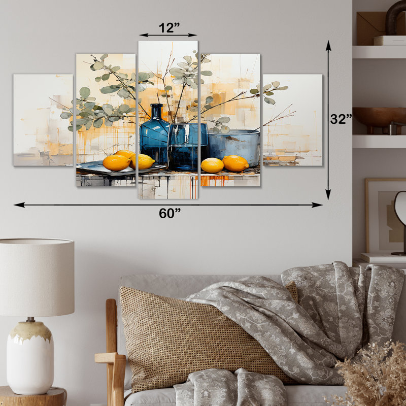 Bleu et jaune agrume Boho Pottery I - Boho Pottery Multipanel Wall Art Decor