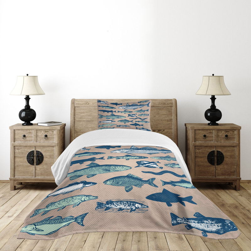 Twin White and Blue Fish Quilted Bedspread Set