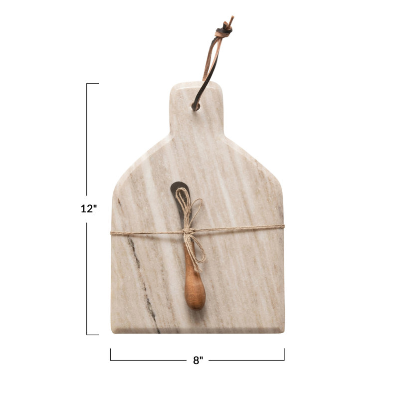 Millings Marble Cheese and Cutting Board with Handle, Leather Tie, and Canape Knife