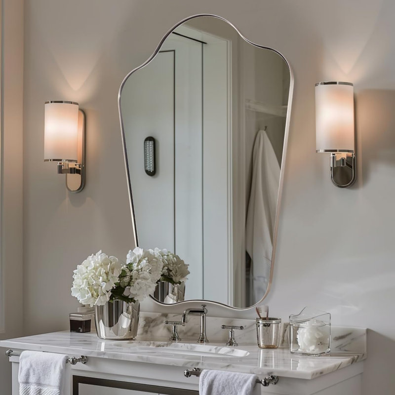 Miroir de salle de bain Contemporary Cadre en acier inoxydable, 32 po x 24 po, Nickel brossé