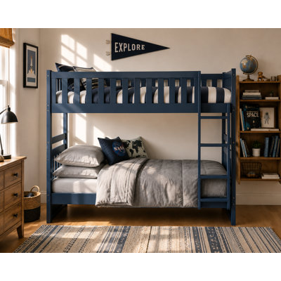 Geiser Twin Over Twin Bunk Bed · Protective Guard Rails · Integrated Ladder · Navy Blue