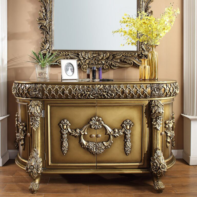 Commode bronze sculptée à la main avec détails de miroir audacieux