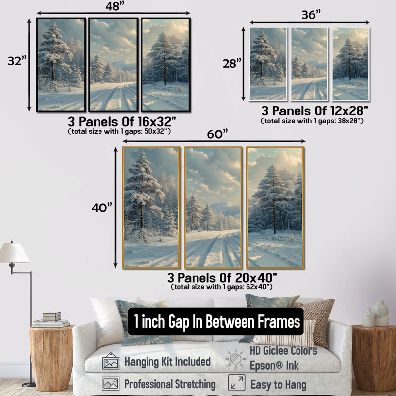 White Grey Winter Road Into Forest II - Winter Landscape Wall Art Set, Toile avec cadre flottant noir