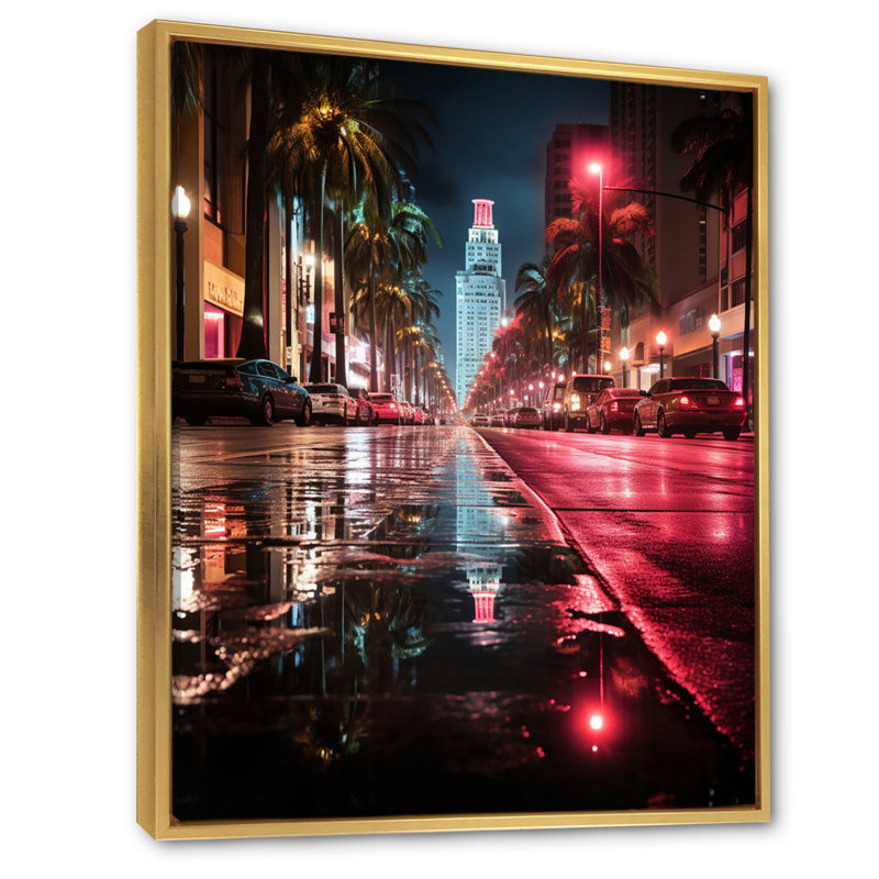Linis rose noir Miami City of Reflections - imprimé, H 40 po x l 30 po x P 1,5 po, Cadre flottant doré
