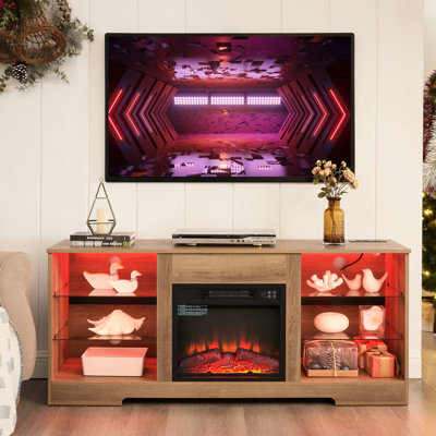 Meuble télé avec foyer électrique, flamme 3D, lumières à DEL, l 58 po pour téléviseurs de 32 à 62 po, feu moderne au fini chêne, charge