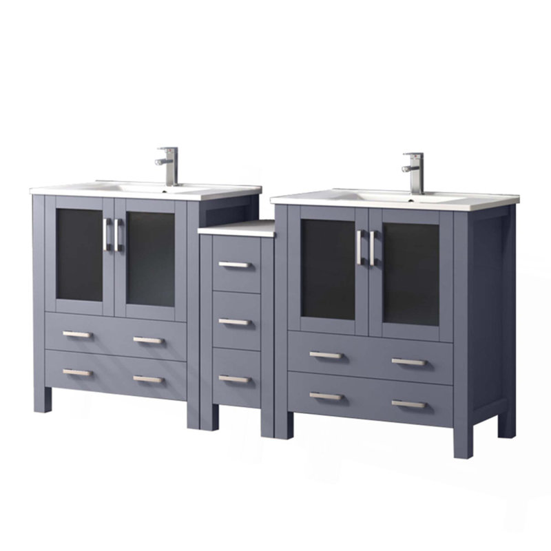 Ensemble de meuble-lavabo double avec armoire latérale, comptoir en céramique et robinet