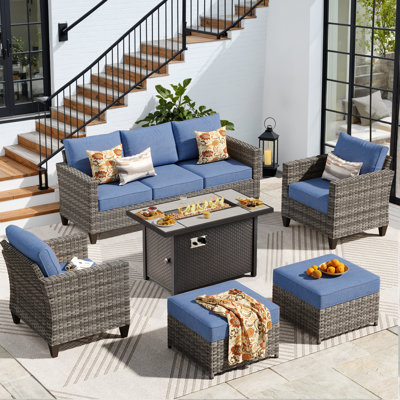 7 - Person Patio Furniture Set With Chairs, Outdoor Wicker Rattan Seating Group With Cushions, All Weather Sofa Conversation Set With Fire Pit Table For Garden Backyard