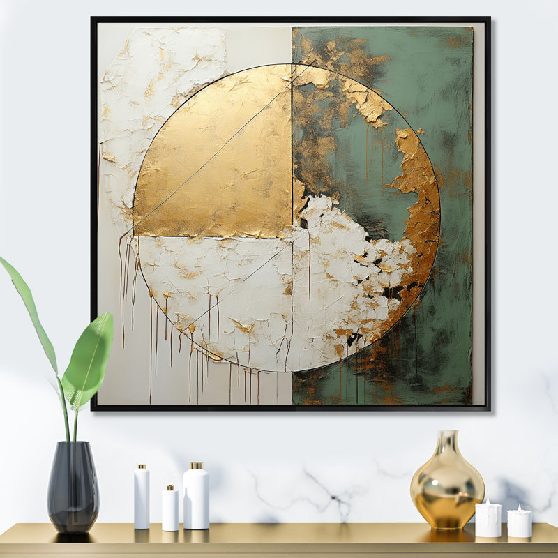 Peinture dorée et verte Fusion I - art mural abstrait pour salon, H 36 po x l 36 po x P 1,5 po, Cadre flottant noir