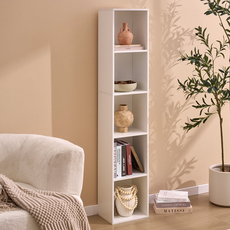 Narrow Cube Storage Cabinet, 5-Cube Wood Bookcase, Freely Stackable & Modular Shelving Unit For Living Room, Bedroom, Home Office, TV Stand Or Display, White