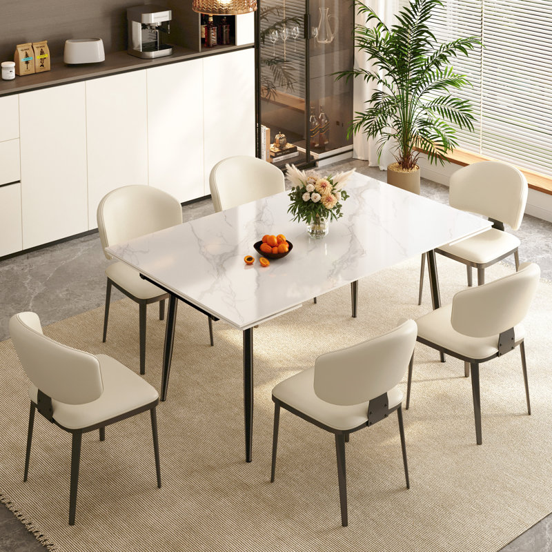 Ecklund 62.9 To 94.4 White Sintered Stone Expandable Stretching Dining Table Chair Set, 7 Pieces: Table, 6 Chairs
