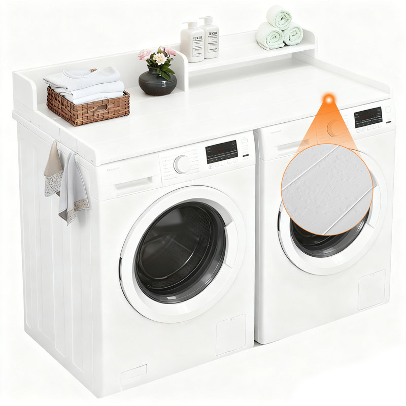 Hdpe Washer Dryer Countertop With 2-tier Shelf, 54" Wide Laundry Machine Topper With 2 Hooks & Non-slip Pads For Laundry Room Organization