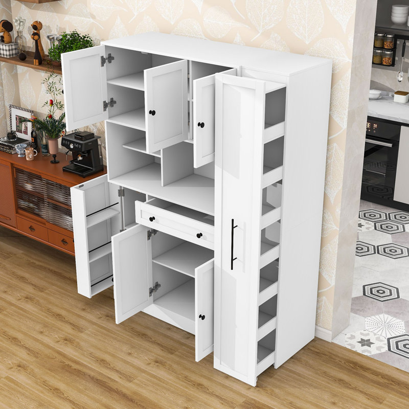 Armoire de rangement extra-profonde avec huche, tablettes latérales coulissantes et tablettes réglables, Blanc