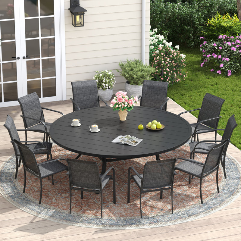 Lehigh 10-Person Patio Dining Set with 63" Round Dining Table and 10 PVC-coated polyester Dining Chairs, Gray/Black